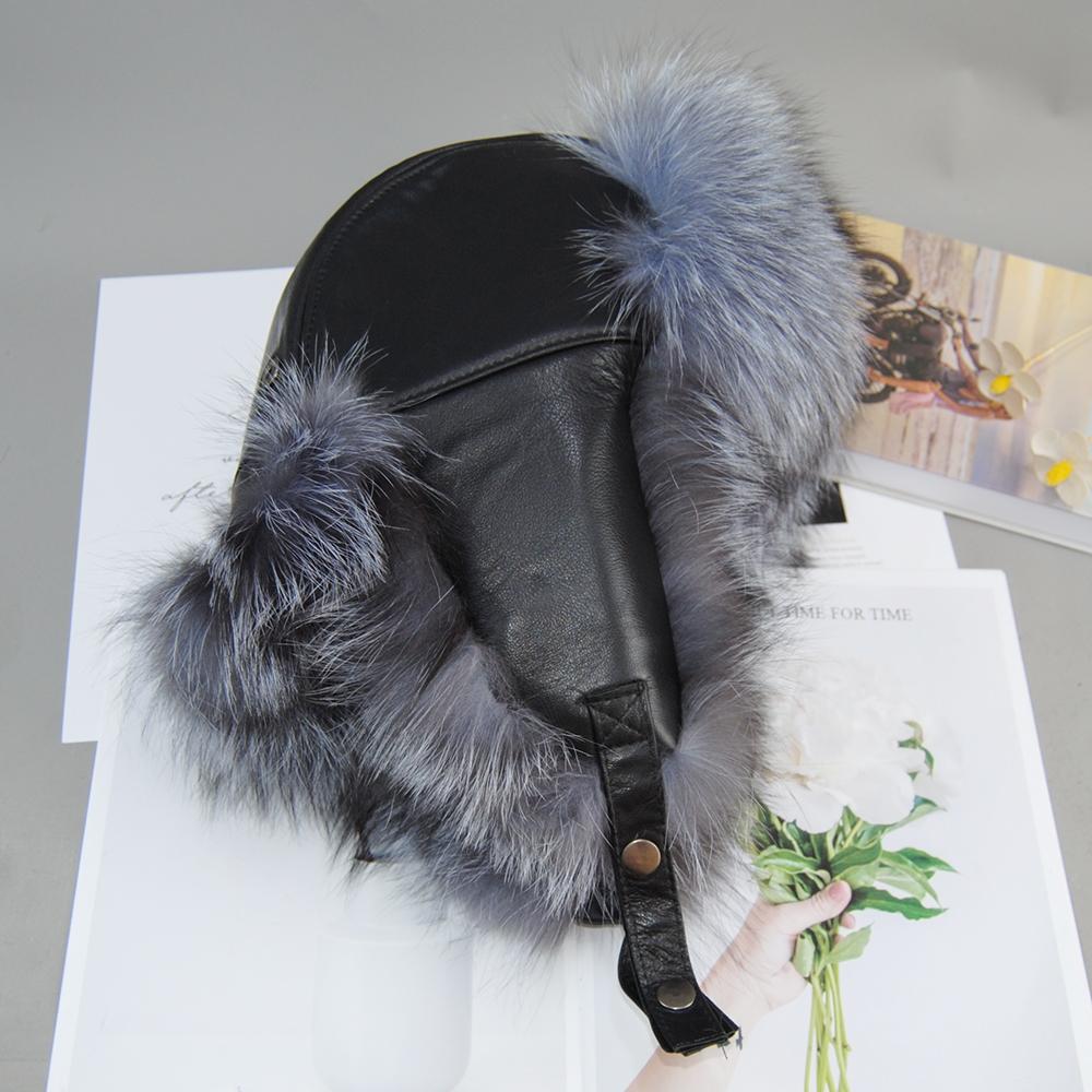 New Unisex Real Sheepskin Leather Hat Luxury Winter Russian Real Fox Fur Hat Warm Soft Quality 100% Real Raccoon Fur Bombers Cap