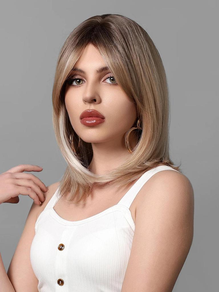 BLONDE UNICORN Short Straight Brown Blonde Ombre Wig Synthetic Bob Wig with Bangs Cosplay Party Daily Natural Hair for Women Heat Resistant