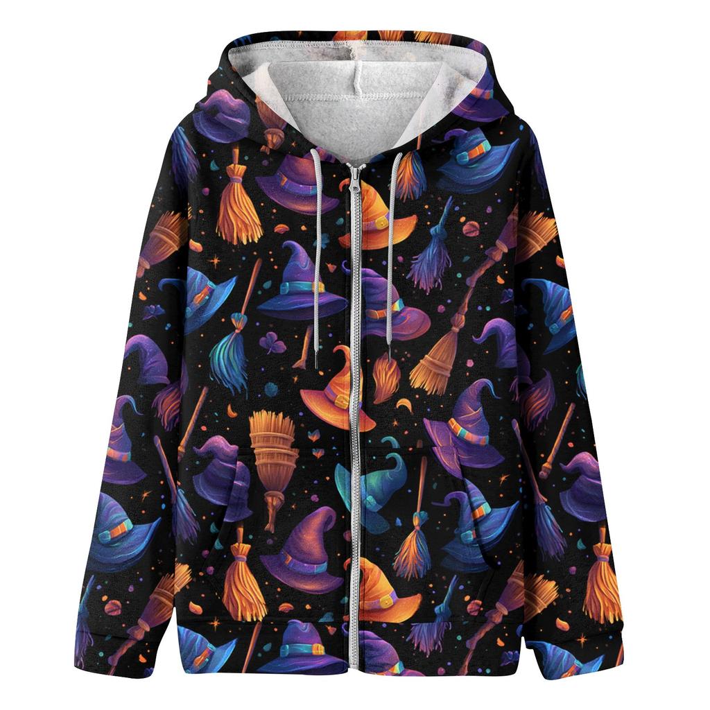 Women's Fashion Casual Halloween Printed Sweatshirt Long Sleeve With Pocket Cardigan Jacket Zipper Hoodie Coat