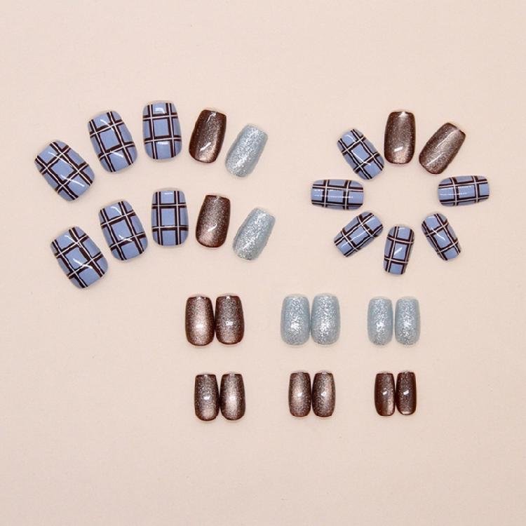 30Pcs Press on Nail Short Square Fake Nail with Plaids Cats Eye Designs Glues on Nail Glossy False Nail Artificial Nail
