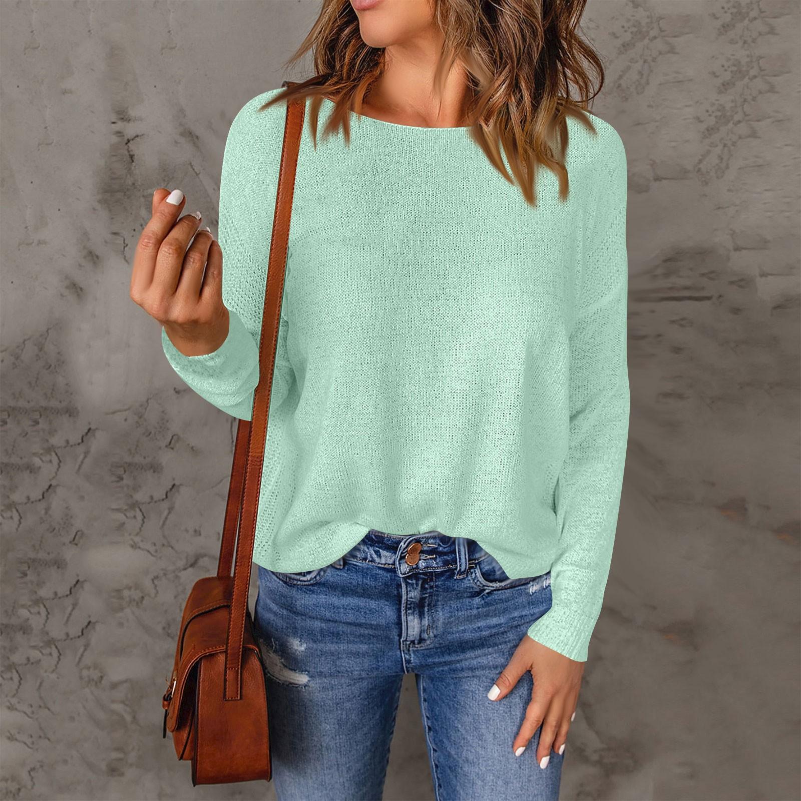 

Женский свитер с длинным рукавом, повседневный, универсальный, с круглым вырезом, однотонный топ S