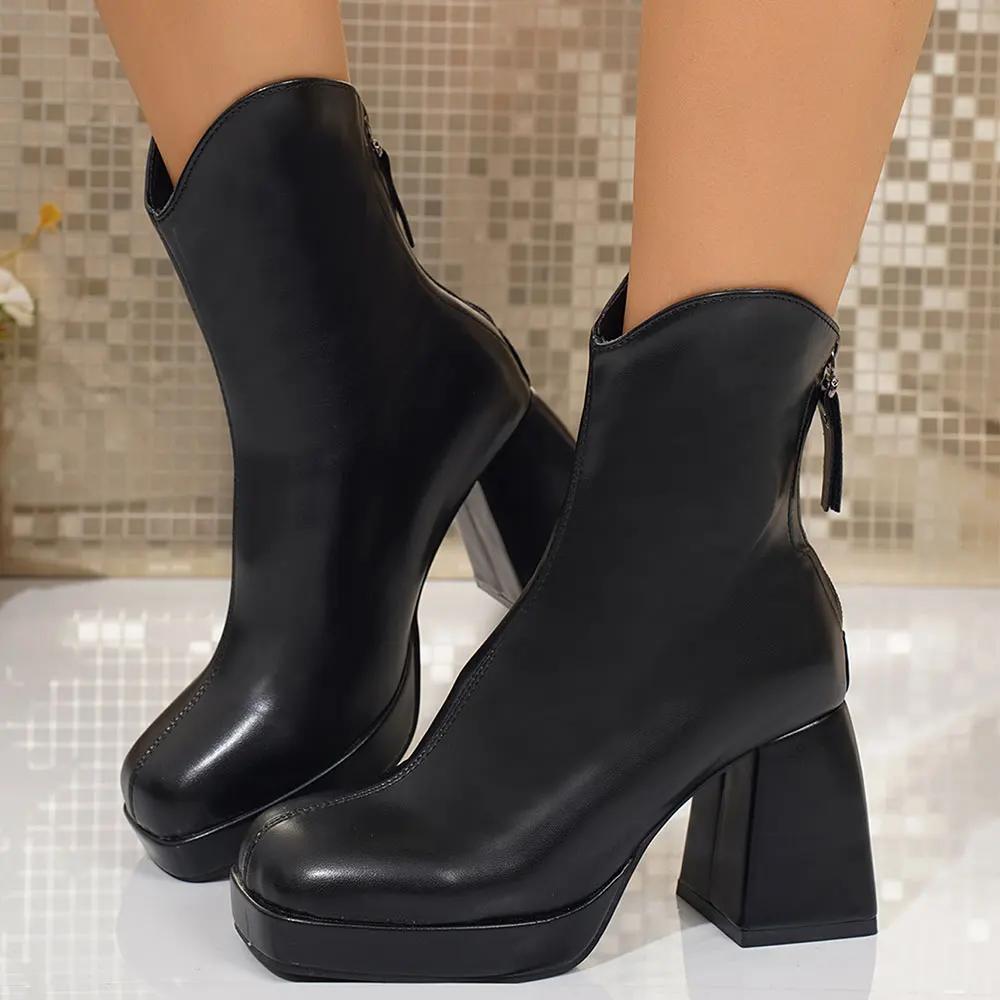 Women's Boots High Quality Leather Boots Fashion Square Toe Design Ankle Boot Knee-high Platform Boots Luxury High Heeled Botas
