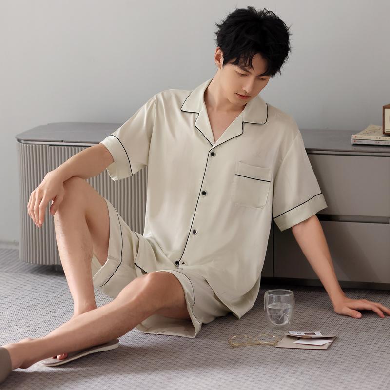 Sommer Eis Seide Pyjama Herren Revers Kurzarm Shorts Einfarbig Kühl Eis und Schnee Seide Sommer Klimatisierte Pyjamas
