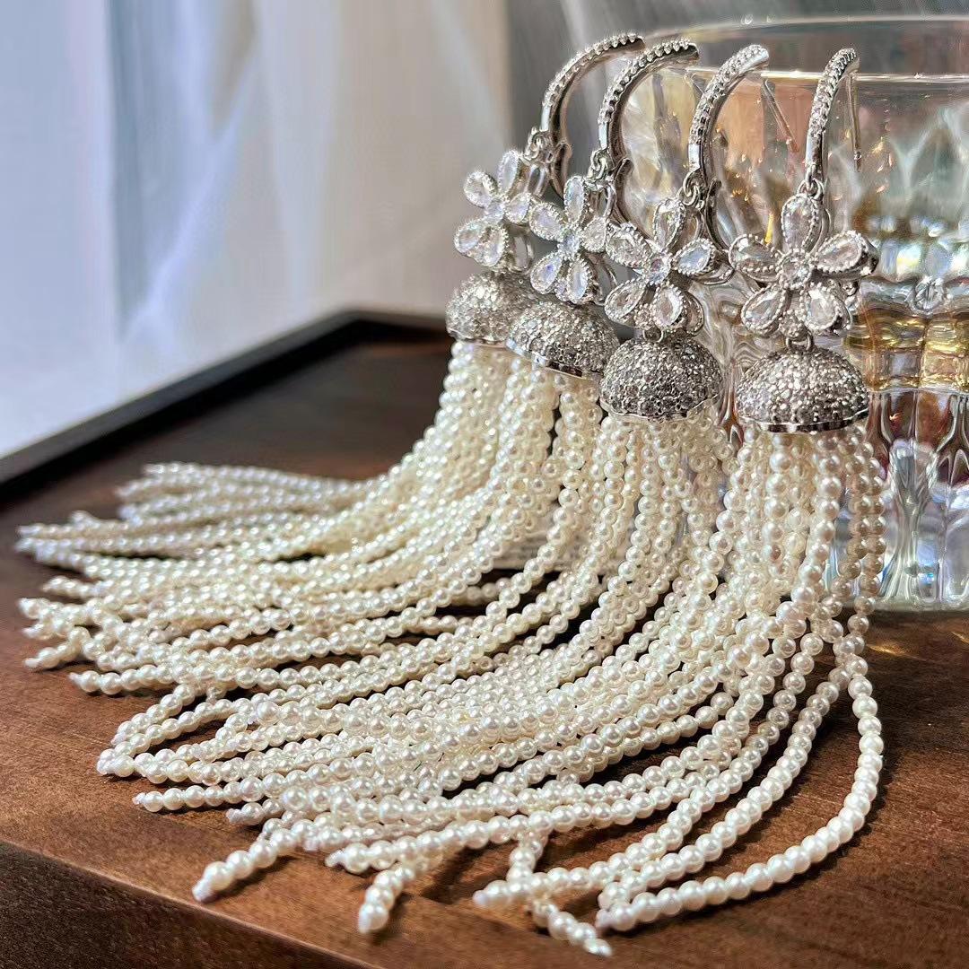 Retro High Quality Natural Bead Imitation Pearl Fringed Earrings Earrings