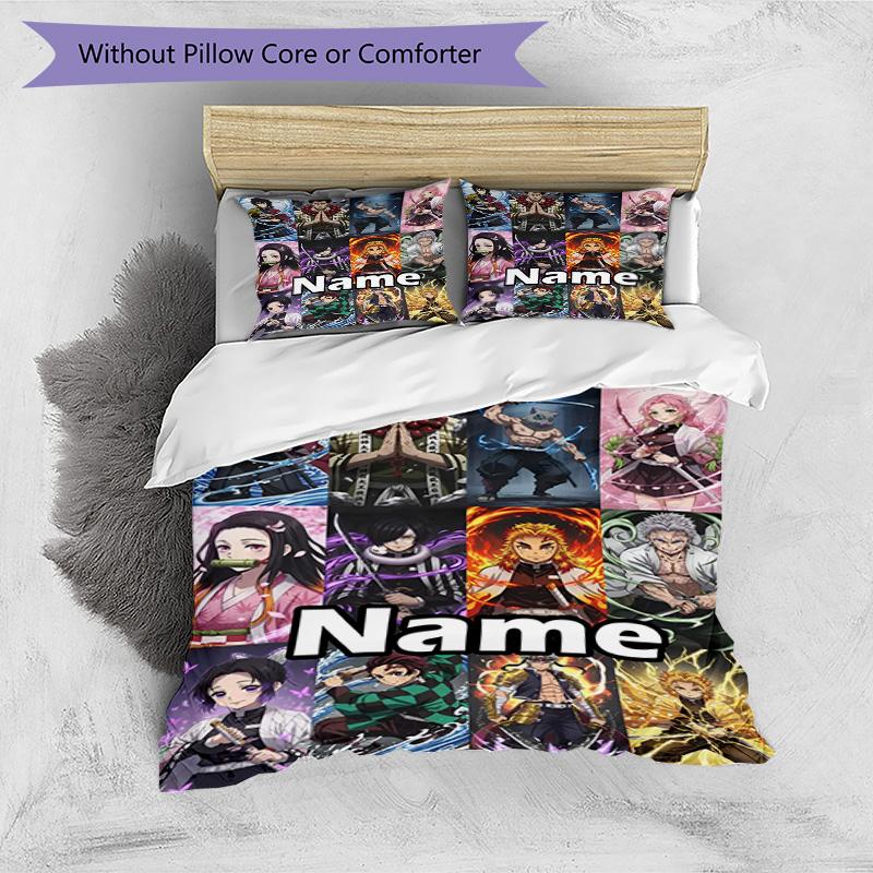Set cuvertură de pilota 3 buc (1 * Husă de pilota + 2 * Față de pernă, Fără Miez), Set de așternut personalizat cu nume și model Demon Slayer, Cadou pentru Decorarea Dormitorului de Acasă