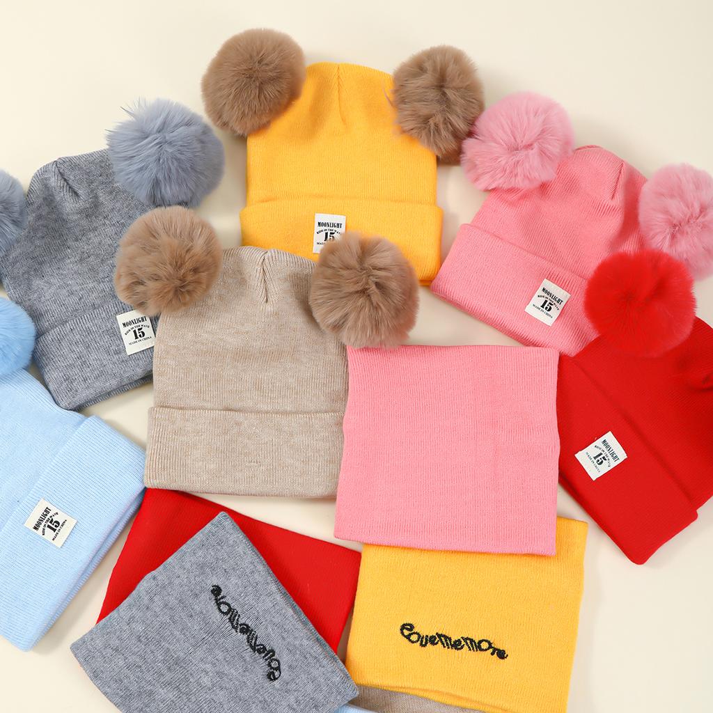 2pcs Winter Baby Hat Scarf Set Toddler Girl Boy Cap Knitted Beanie Fur Ball Cartoon Bear Snow Outfit Infant Accessories