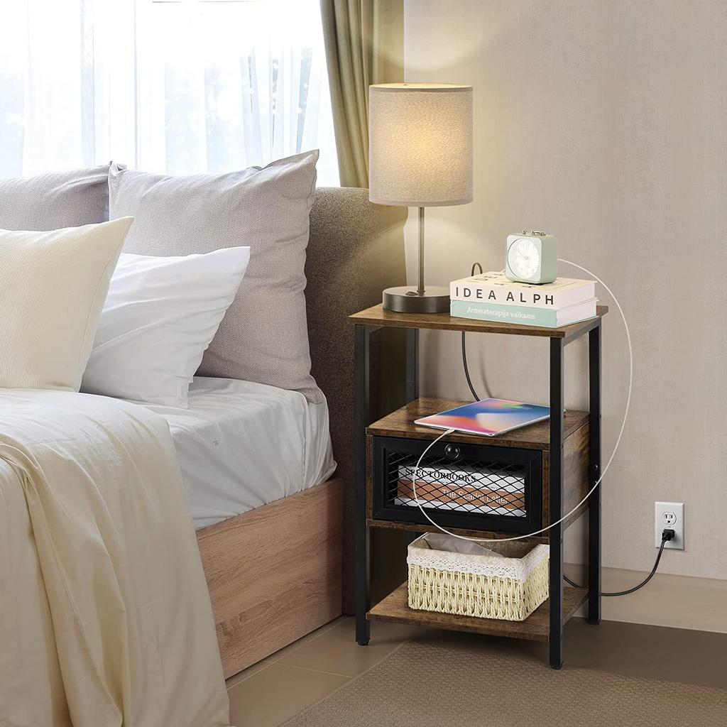 Nightstand with Charging Station, End Table with Power Outlets and USB Ports, Farmhouse Side Table with Drawer and Storage Shelf