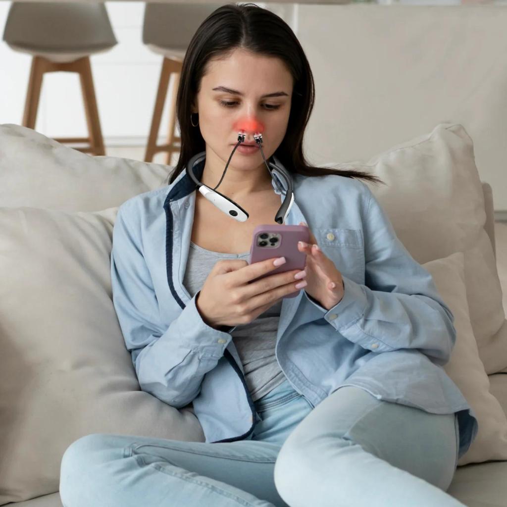 Bärbar 2-i-1-enhet för lindring av öron och näsa – 650 nm rött ljusterapi för tinnitus och nästäppa – Handsfree