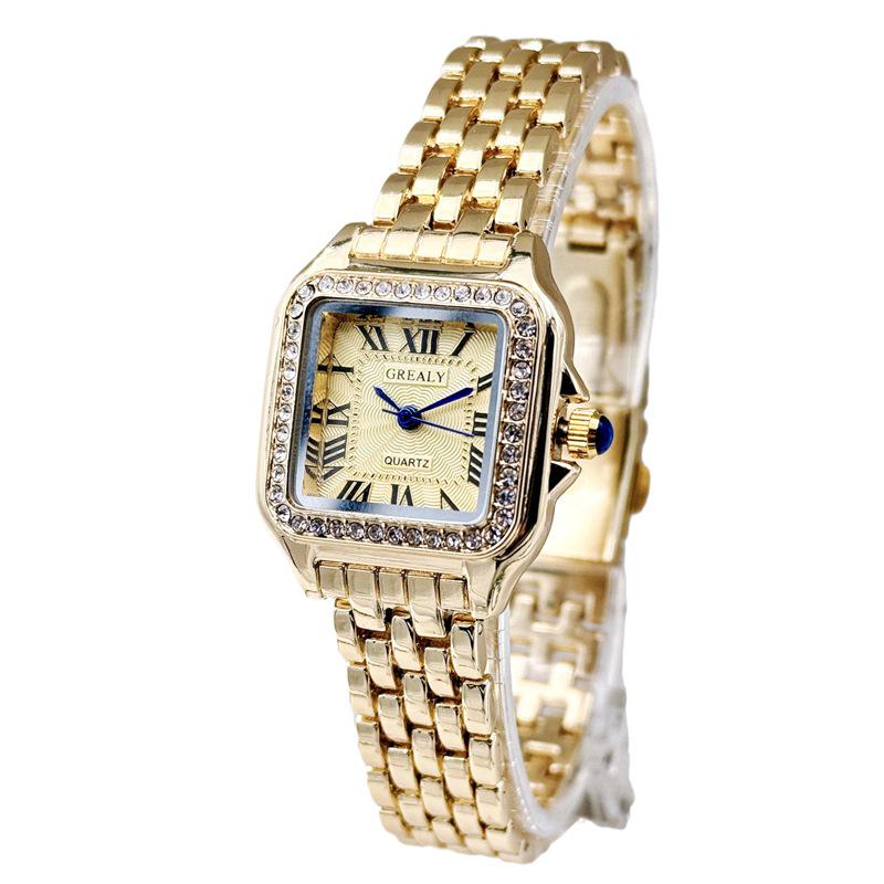 GREALY 2024 Dámské vodotěsné módní křemenné náramkové hodinky se čtvercovým pouzdrem a diamanty