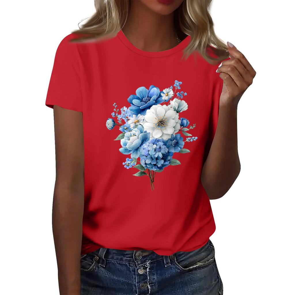 Women's Fashion Casual Printed Round Neck Short Sleeved T-Shirt Top T-Shirt Top Top