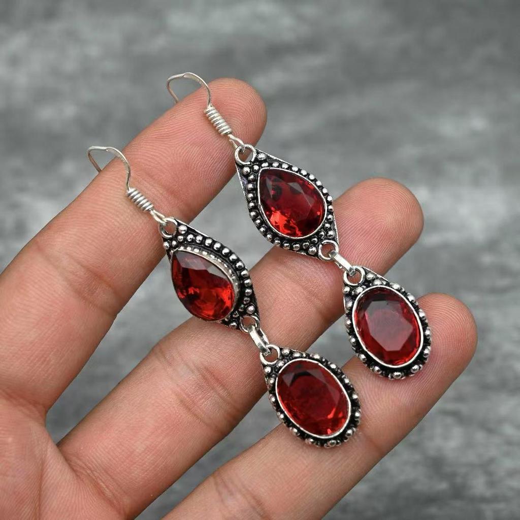 Bohemian Water Drop Ruby Earrings Pendants - Women's European & American Style Jewelry