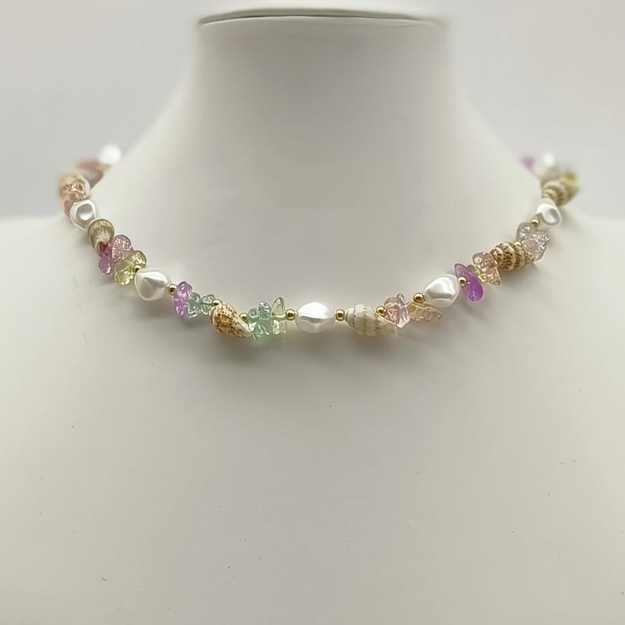 1PC Bohemian Beach Resort Wind Imitation Pearl Conch Colored Stone Beaded Necklace