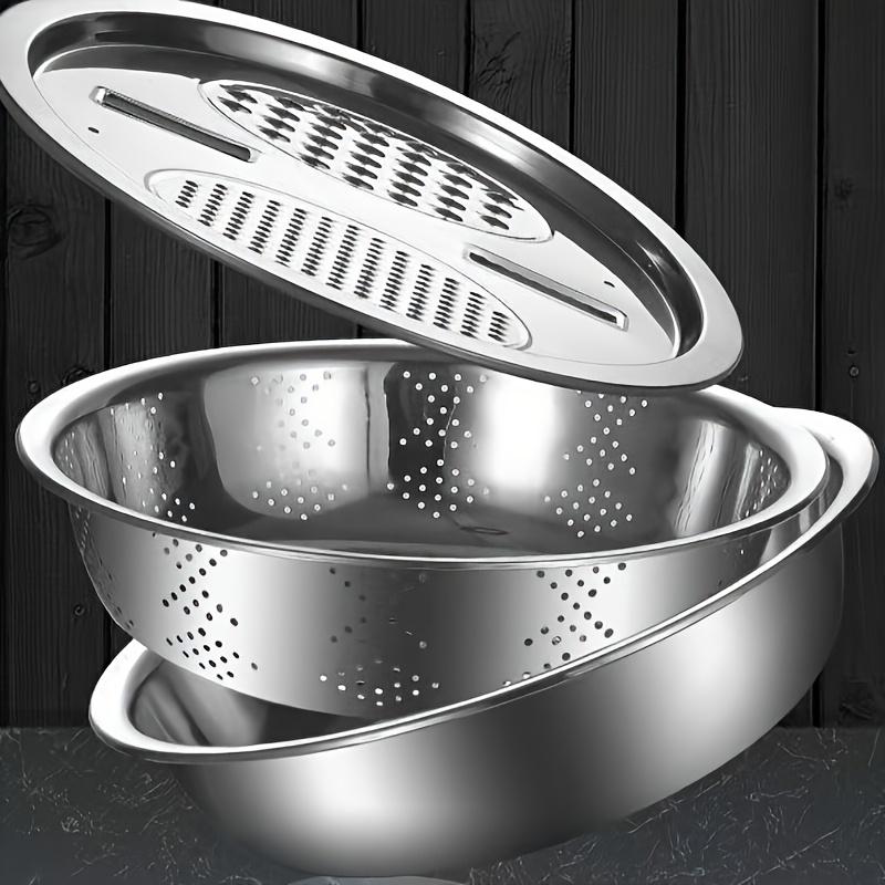3-teiliges Edelstahl-Set - Multifunktionelles Sieb & Rührschüssel für Obst- & Gemüsewäsche & Schneiden