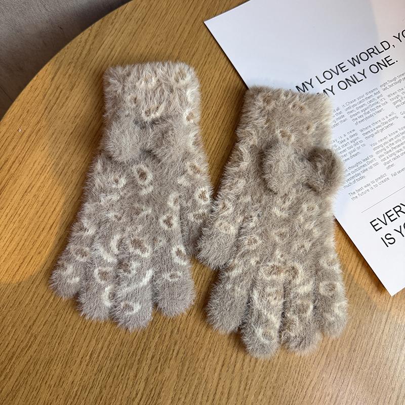 

Leopard Print Plush Knitted Gloves Winter Warm Full Finger Gloves Wool Touchscreen Mittens Cycling Glove