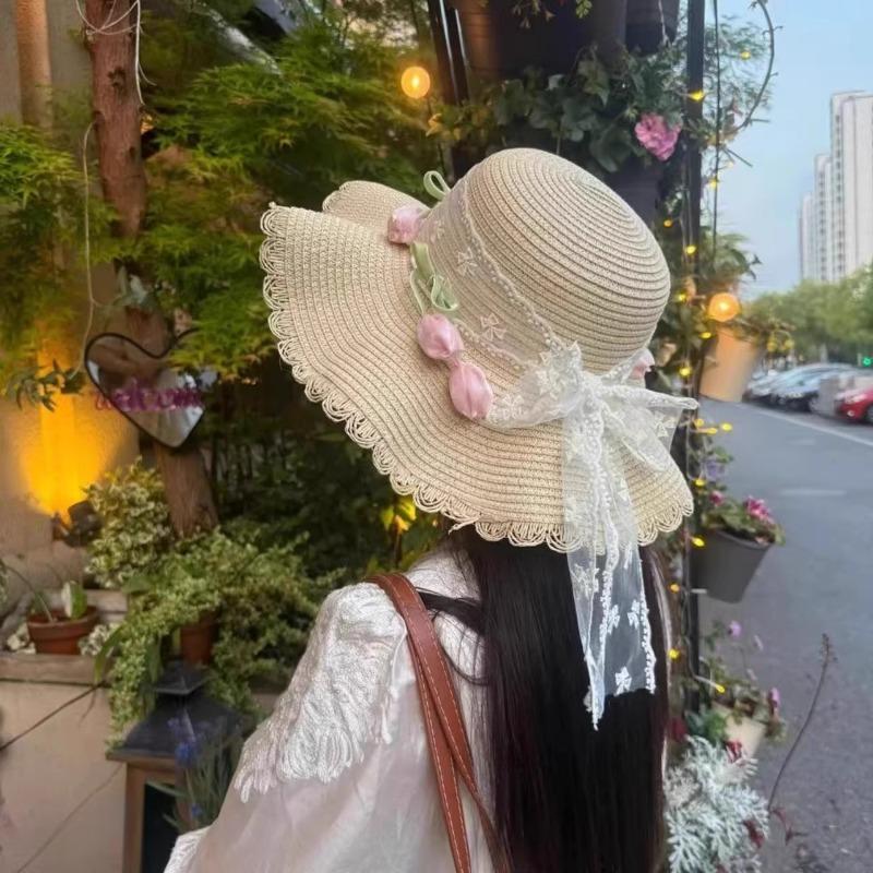 Summer Lace Girl Straw Sun Hat Women's New Summer Straw Hat Sun Protection Seaside Beach Photo