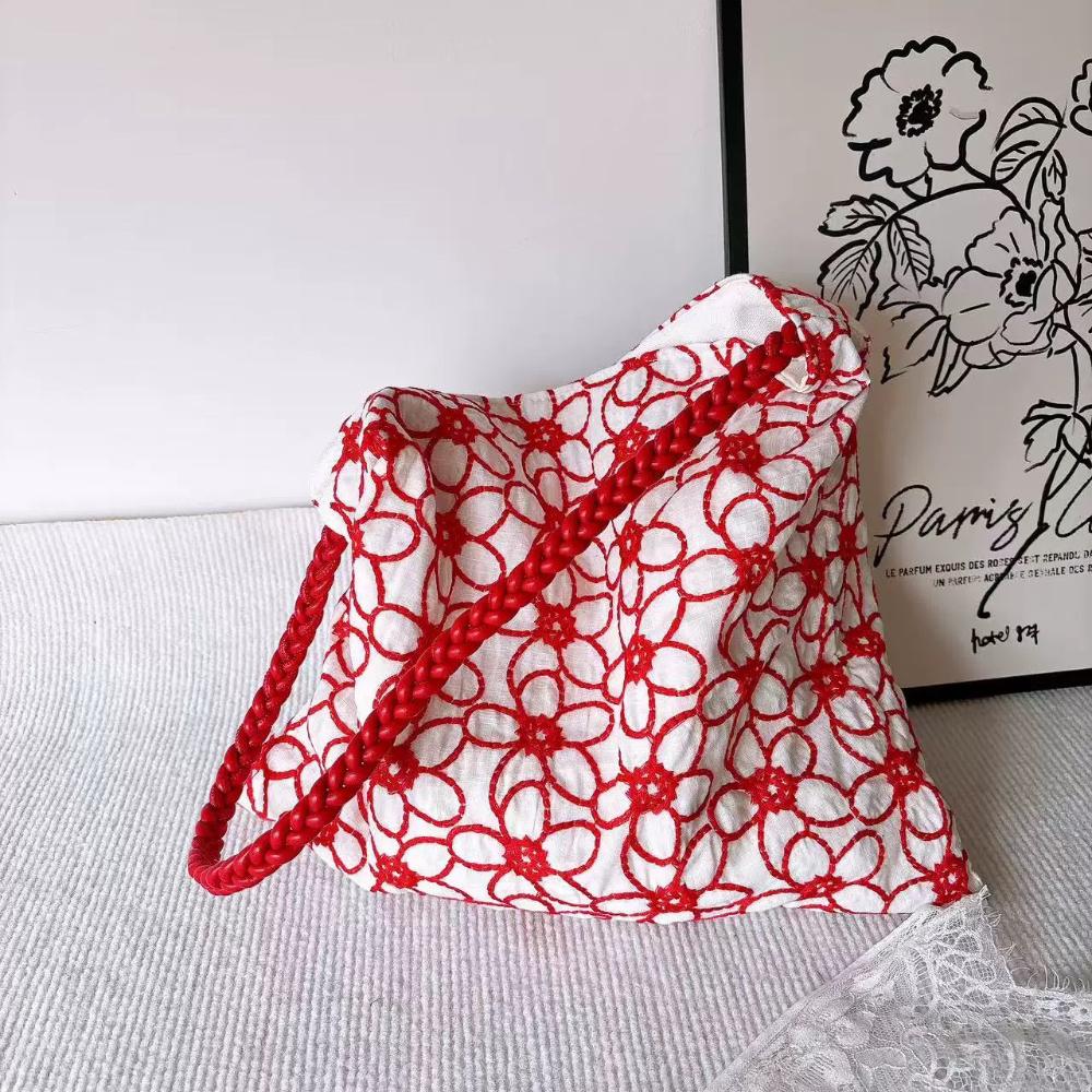 Original, Linen Embroidery, Flower Petals, One Shoulder Tote Bag, Versatile for Spring and Summer, Simple, Artistic Bag