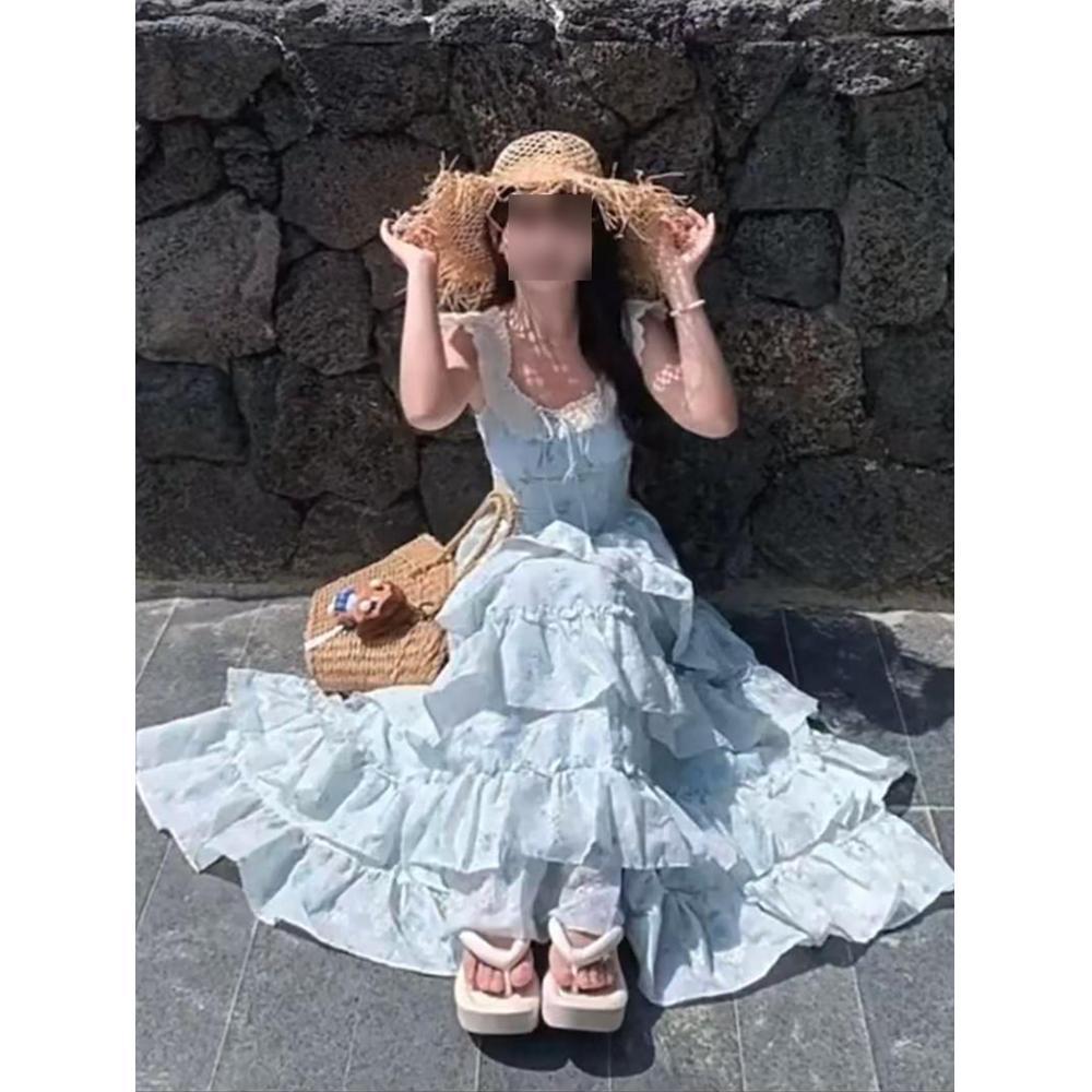 

Сладкое цветочное платье с маленькими рукавами-крылышками, летнее, красивое, принцесса, пышная юбка, талия, торт, длинная юбка XL- (recommended 110-60kg) синий