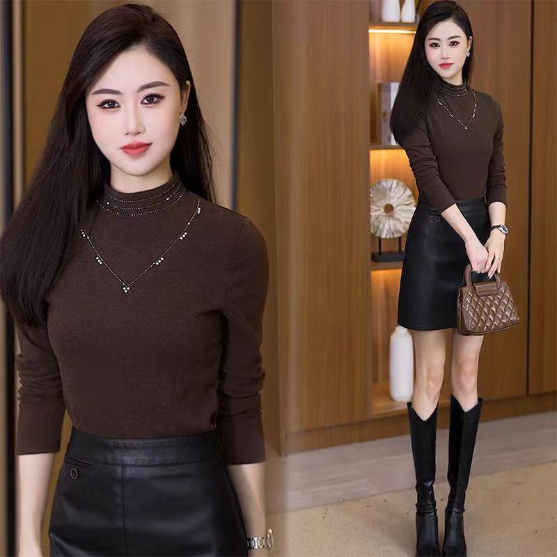 

Elegant Rhinestone Long-Sleeve Tummy-Covering Top for Mothers 4XL коричневий