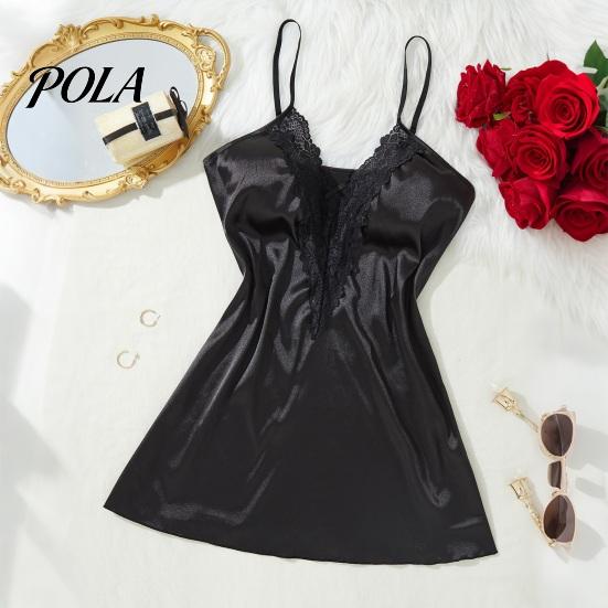Skin-friendly Sleepwear Women's Satin Lace Chemise Nightgown, Sexy Full Slip Nightgown Babydoll Sleepwear, Sleeveless V Neck Mini Nightdress Pajama