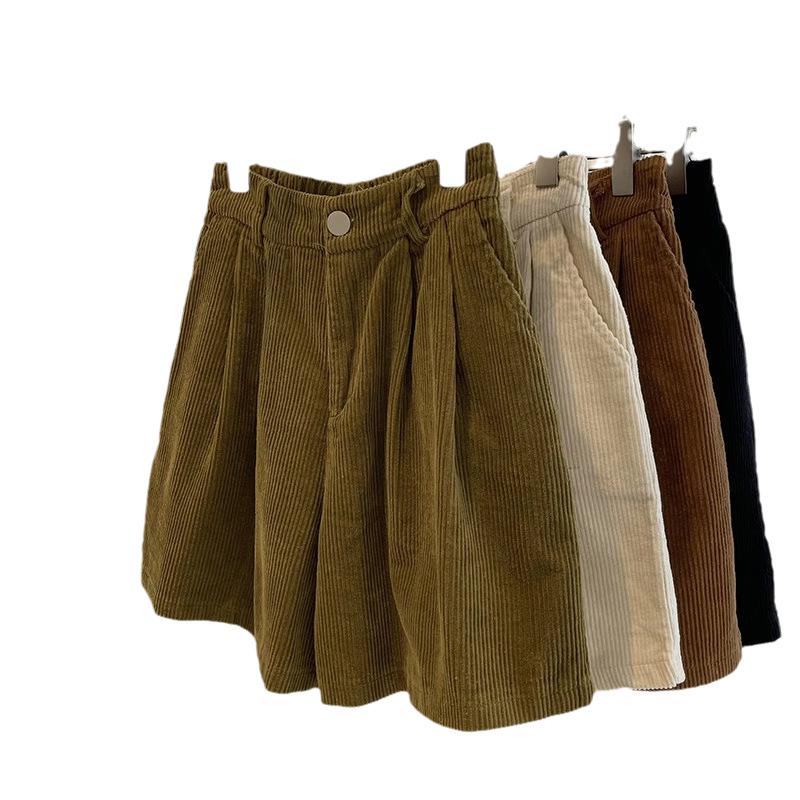 Short Autumn and Winter Casual Pants for Women High Waisted and Slim Hong Kong Style Corduroy Loose Wide Leg Shorts