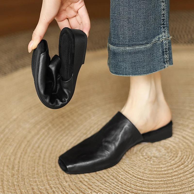 NEW Summer Women Mules Genuine Leather Shoes for Women Peep Toe Low Heel Shoes Cover Toe Women Sandals Concise Modern Slippers