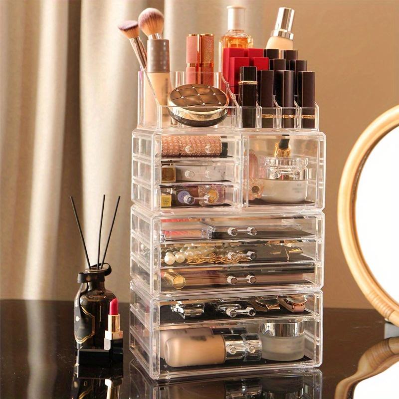 4pcs-1set Cosmetics Plastic Storage Box with Multiple Grids&9 drawers,Stackable Large Capacity Transparent Cosmetics Skincare Display Box.
