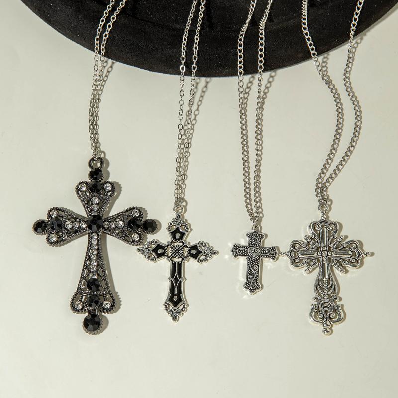 Gothic Hollow Out Diamond Studded Cross Pendant Necklace Set Y2K Personalized Thorn Love Black Bead Stacked Necklace Set