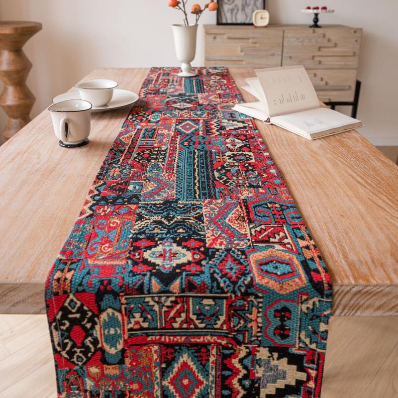 Jacquard Ethnic Style Red Tassels Table Runner, Christmas Kitchen Dining Table Decoration for Home Party Festival