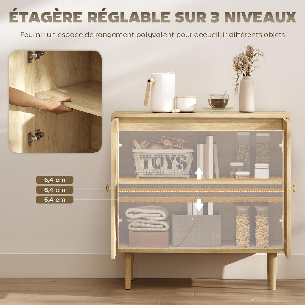 Kitchen Sideboard, Storage Cabinet with Double Doors and 2 Levels, Cane Front 80 x 38 x 79 cm Natural Wood Effect