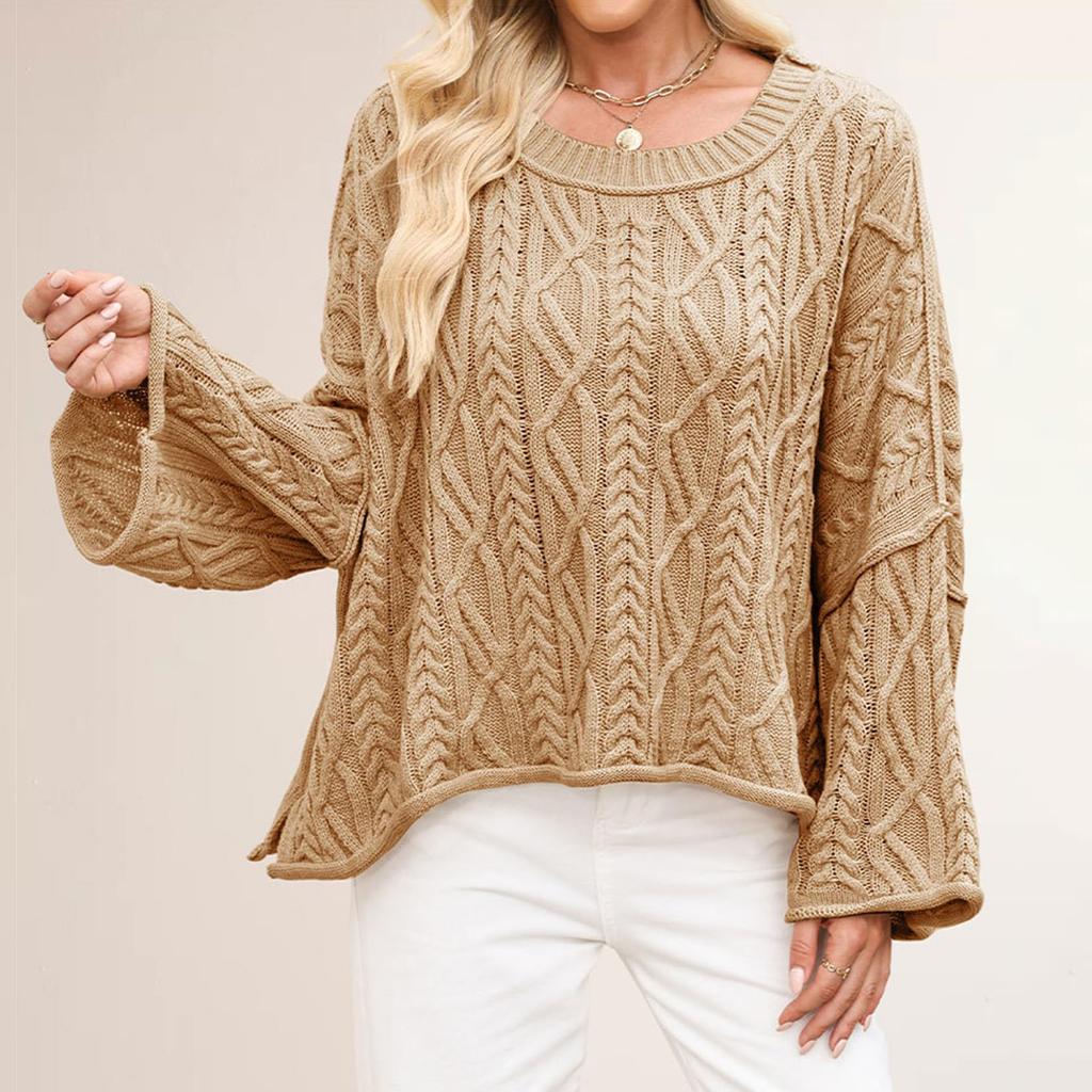 Women's Short Cable-Knit Loose Solid Color Knitted Round Neck Long Sleeve Sweater