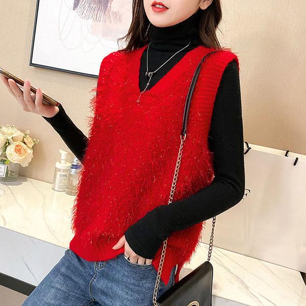 Spring and Autumn Loose Sleeveless Sweater Solid Color Knitted Vest Women's V-neck Bright Silk Fleece Top