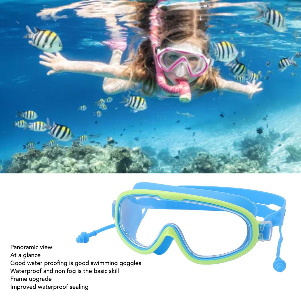 Kids Swimming Goggles Large Frame Waterproof Non Fog HD Swim Supplies with Nose Clip Light Blue