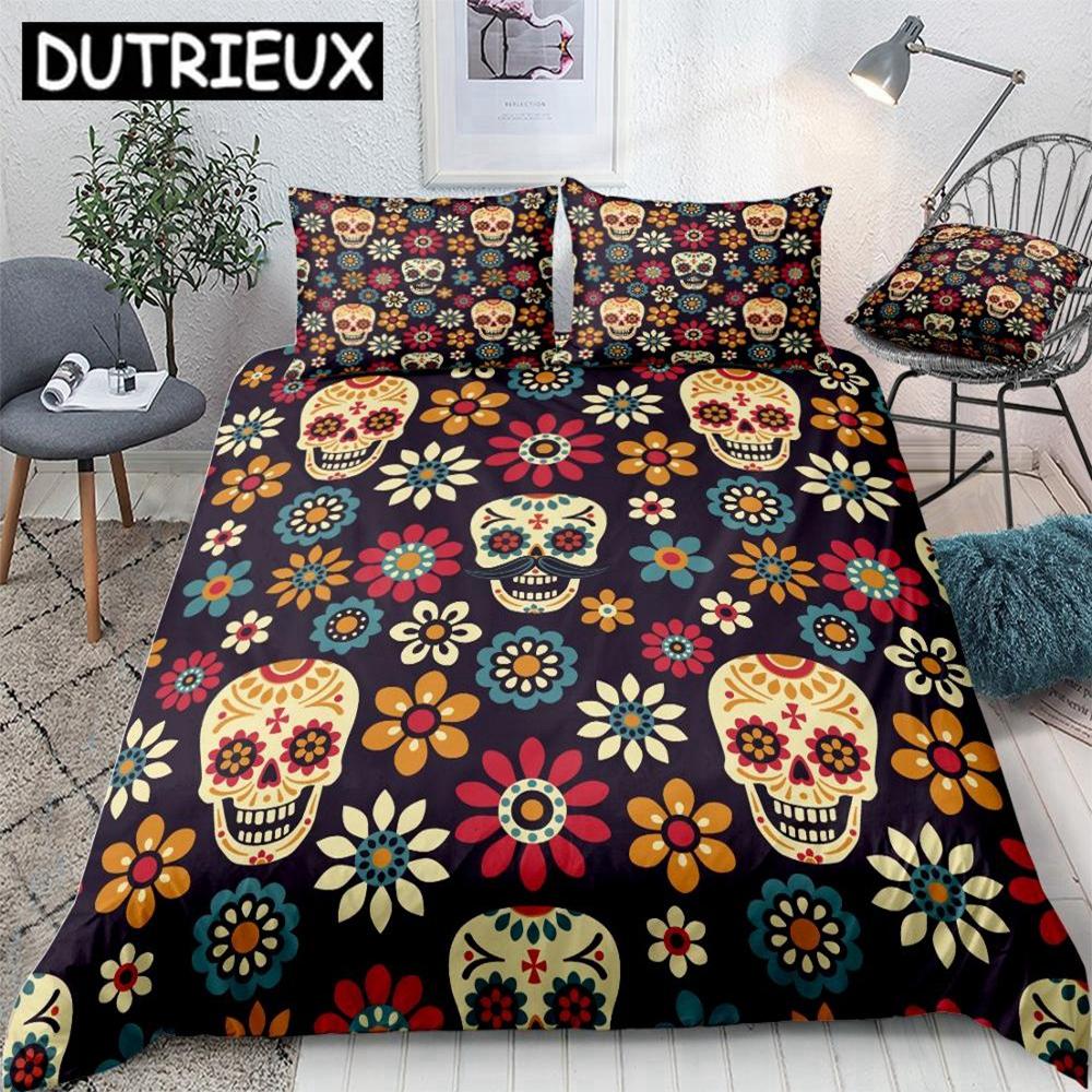 

Skull Bedding Set Halloween Skull Duvet Cover Set Pumpki Beds Set Floral Skull Home Textiles Microfiber For Kids Boys Bedspread EU single(135x200cm)