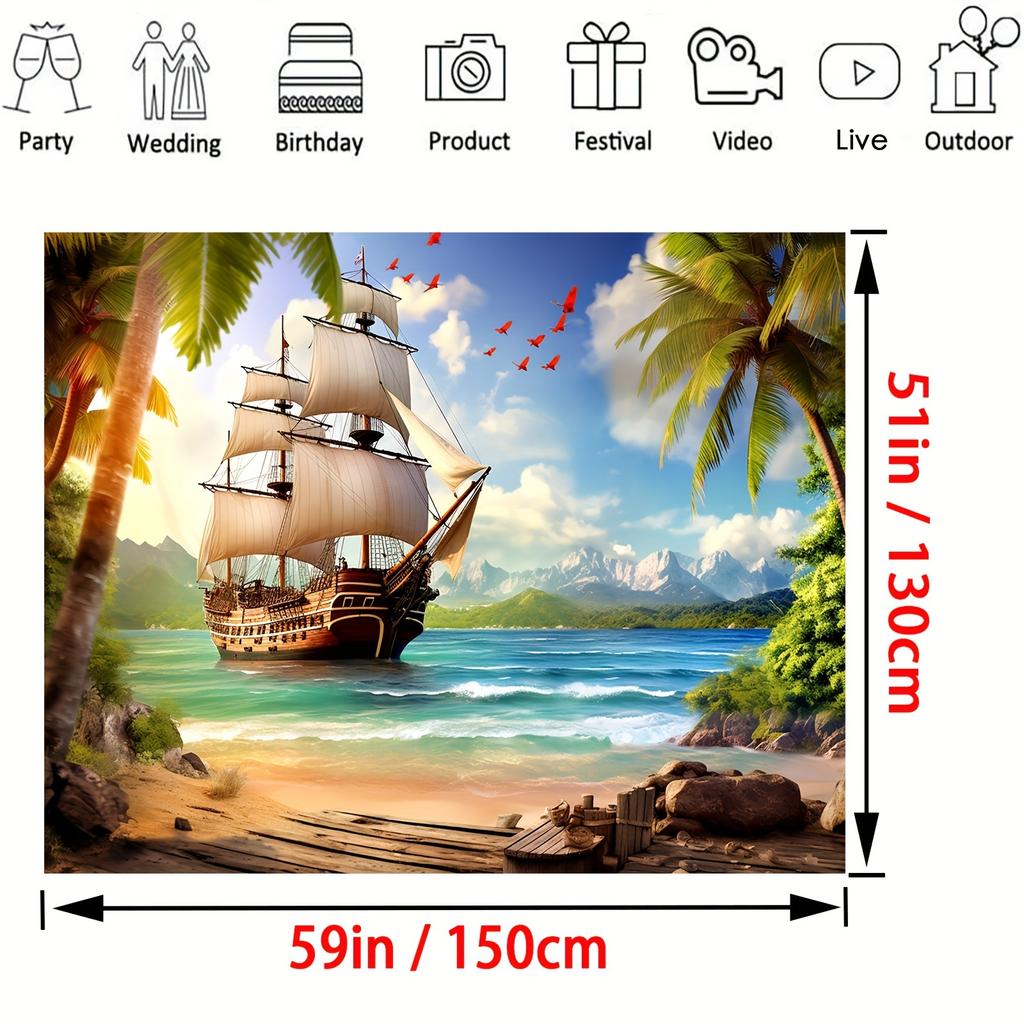 Beach Island Pirate Ship Background Photo Props, Party Home Decor, Party Wall Decor, Birthday Party Background Decor
