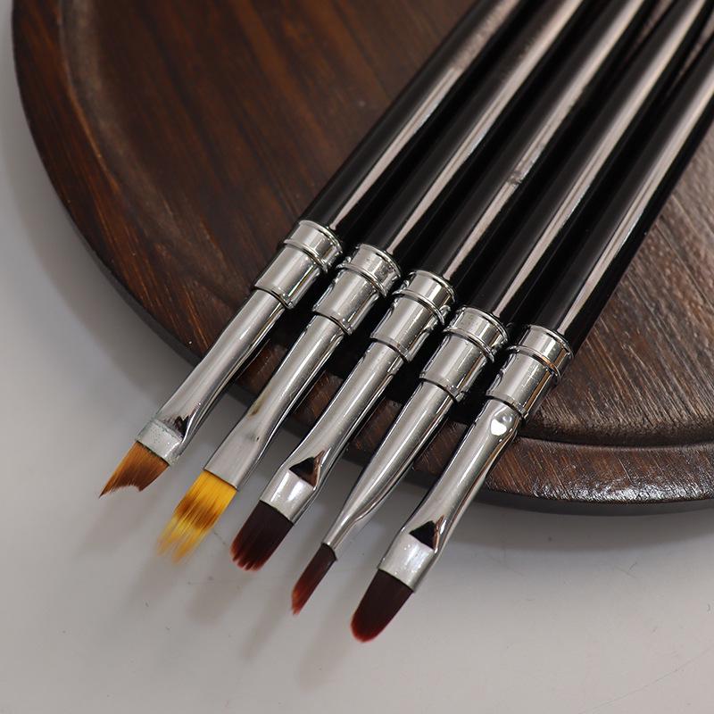 Nail Art Brush Set - 5-Piece with Brown Handles, Copper Tubes, and Nylon Bristles for Blending, Lining, and Gel Polish Painting.