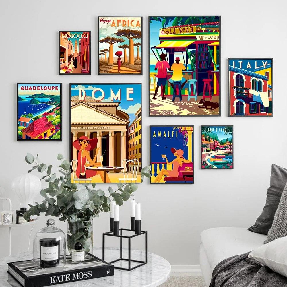 Italy Africa Morocco Travel Vintage Home Decor Landscape Traditional Beach Poster Retro Vintage Wall Art Picture For Living Room No Frame