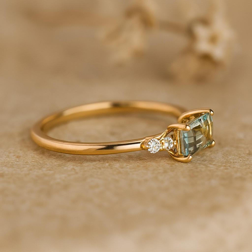 Baguette Aquamarine Ring with CZ Accents – Dainty Gold Plated 925 Sterling Silver Band – Women’s Promise Engagement Ring