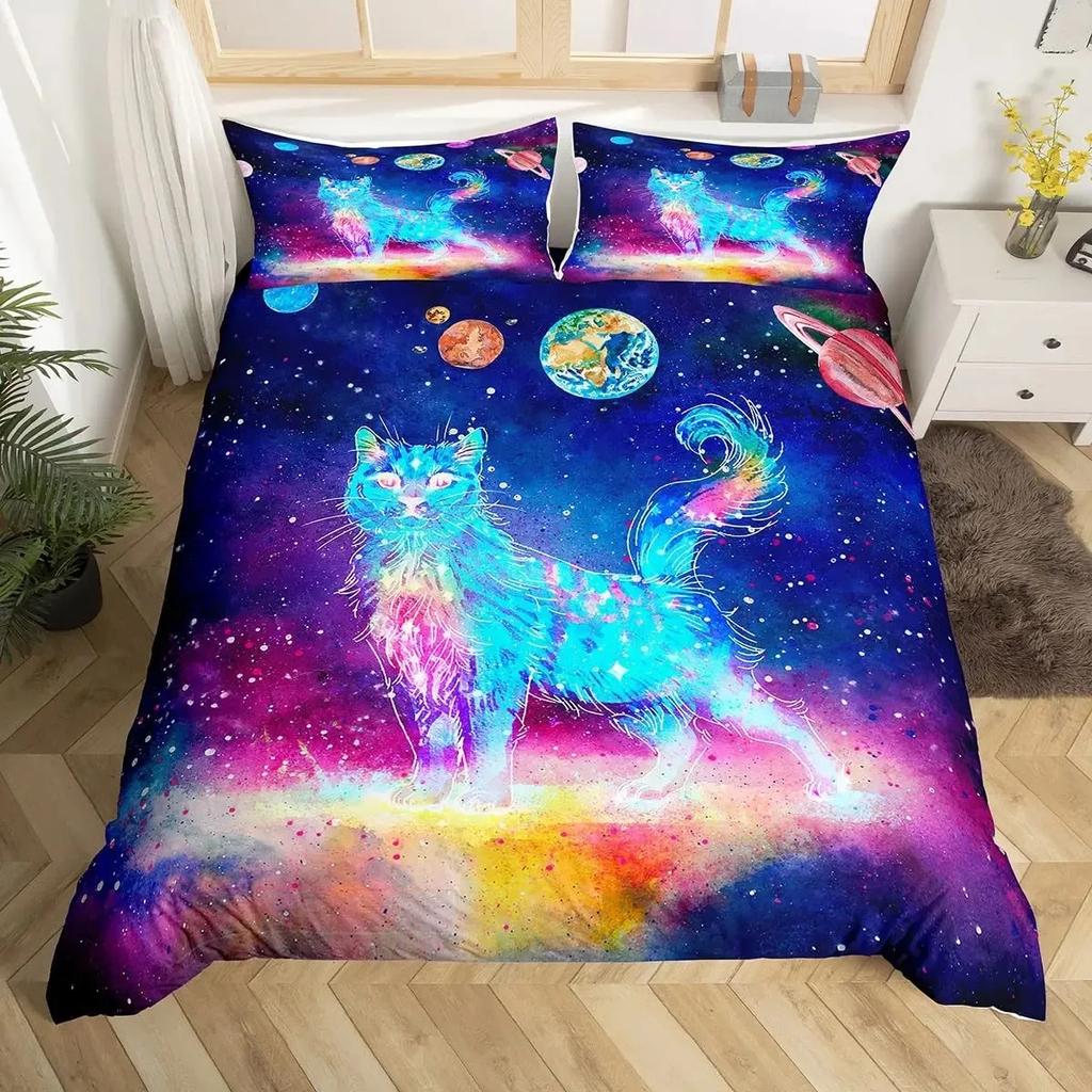 Rainbow Cat Butterfly Duvet Cover Set King,Watercolor Tie Dye Planet Galaxy Outer Space Bedding Set Shiny Golden Glitter Bed Set