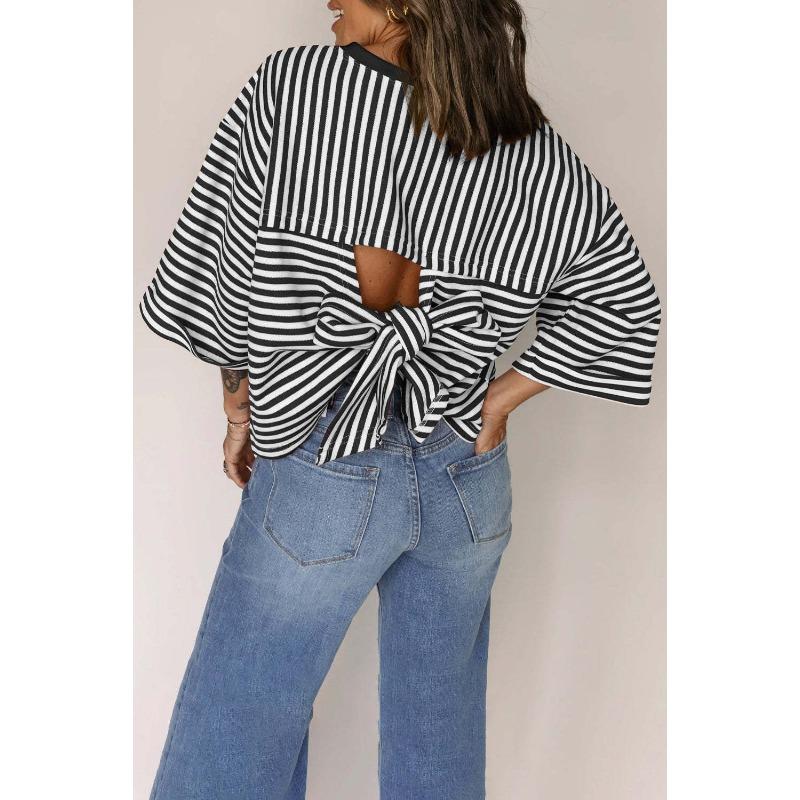 New Women's Round Neck Striped Back Tie Bow Pullover Knitted Top