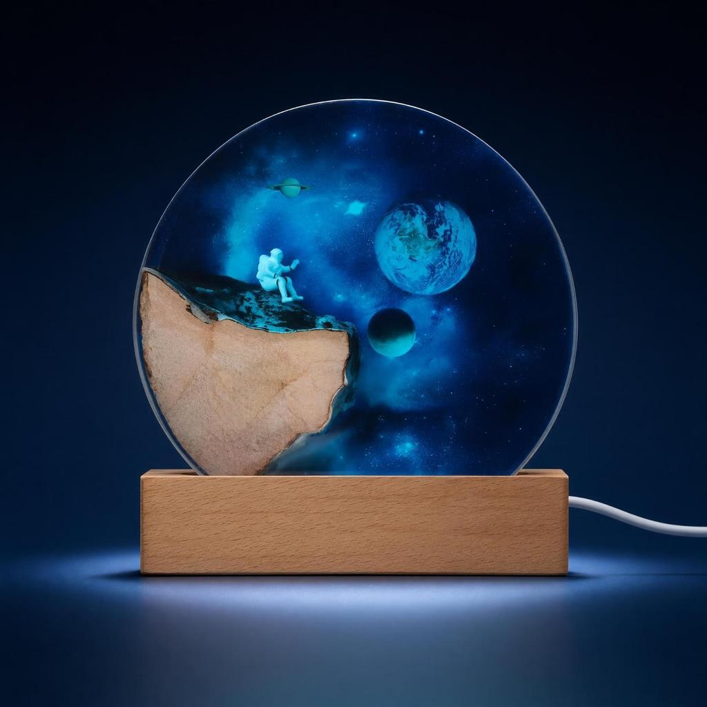 Resin Night Light with Wooden Base Corded Astronaut Compact Lamp for Kids,