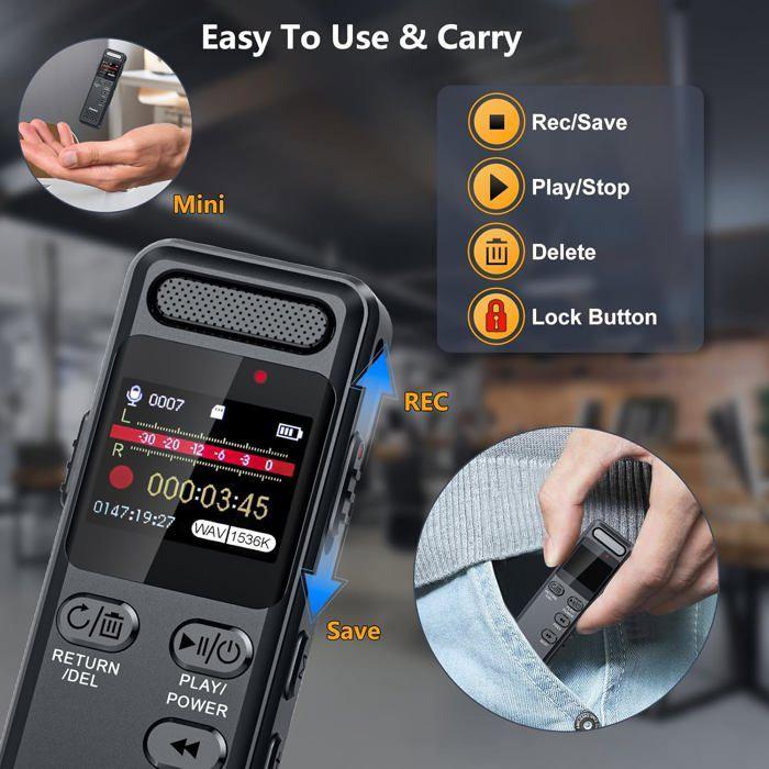 Enregistreur Vocal Numérique 95GB Ponovo, Dictaphone Vocale avec Microphone Externe, Portable &amp; Sécurisé