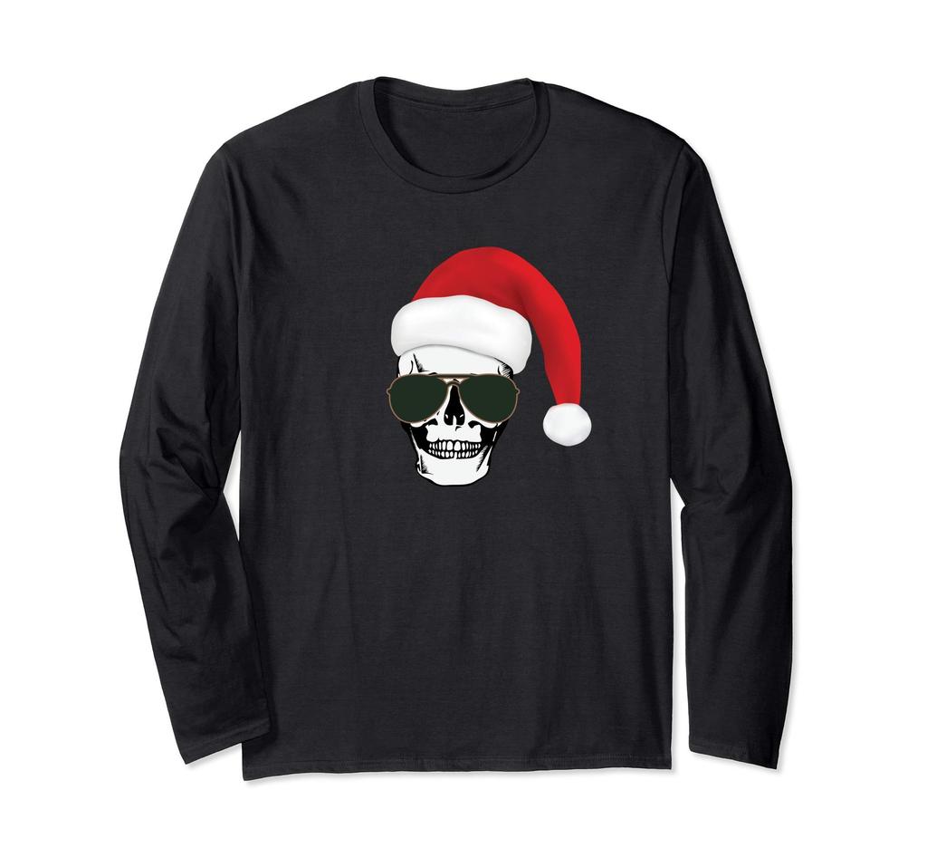Schädel in Schädel in Weihnachtsfeiertag Weihnachtsmannmütze Langarm Sonnenbrille, T-Shirt