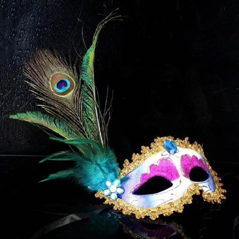 Masquerade Mask Women Peacock Feather Mask Mardi Gras Mask Fashion Blue Green Metal Shiny Rhinestone Halloween Party
