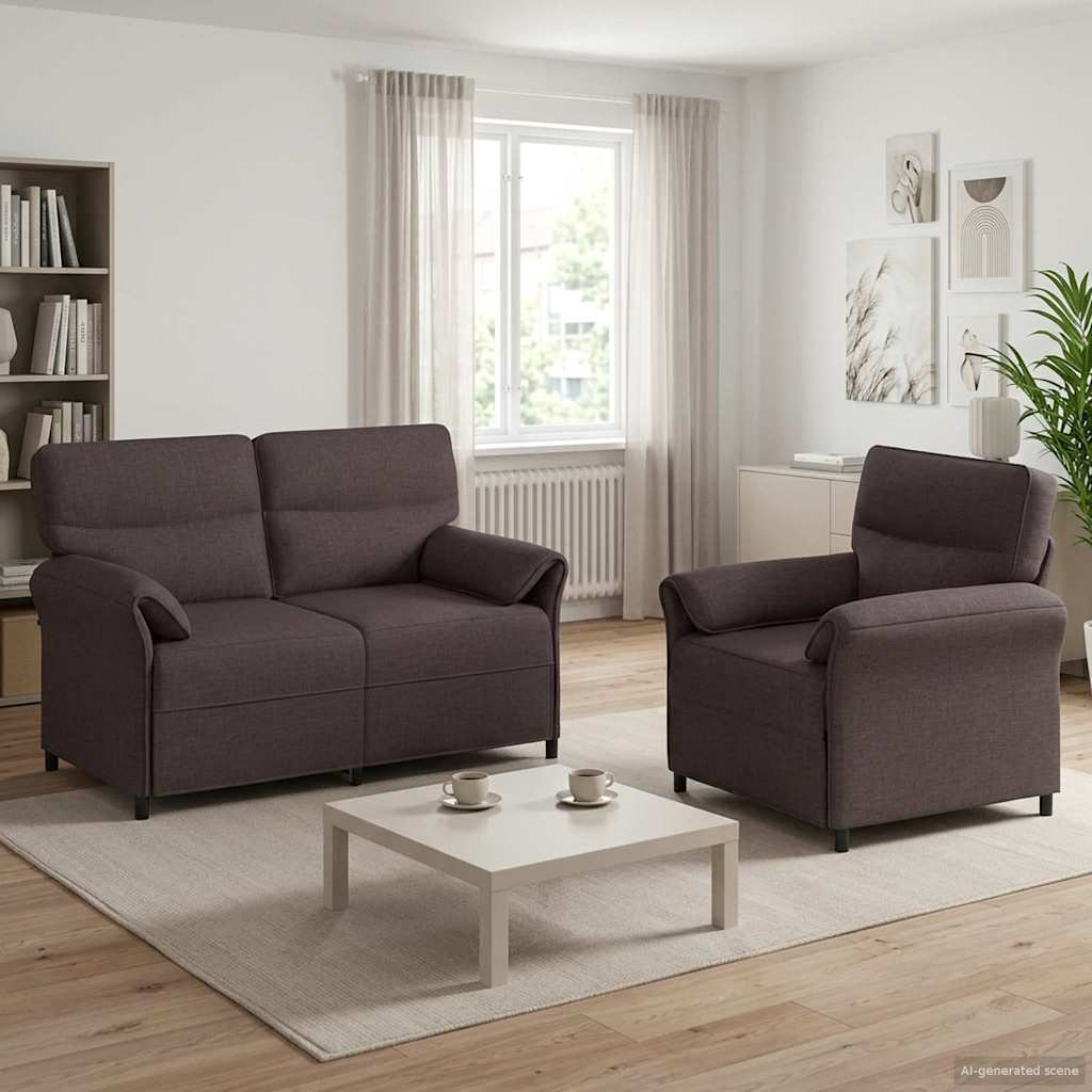 Sofa Set 2 pcs Dark Brown Fabric