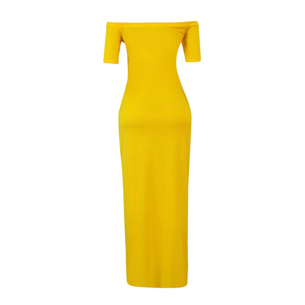 Fashion Women Sexy Slim Color Short Sleeves Off Shoulder Slit Long Dress