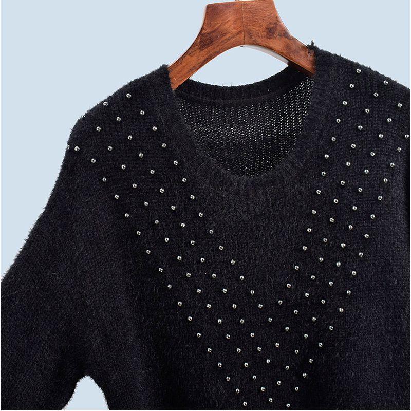 Spring & Fall round Neck Bead Imitation Mink Hair Long Sleeves Easiest for Match Knitting Pure Color Loose and Lazy Style Women's Soft Glutinous Tops
