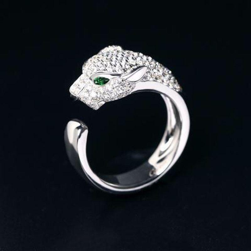 Stylish White Gold Micro-Set Zirconia Open Ring With Fierce Leopard Head Design For Men And Women
