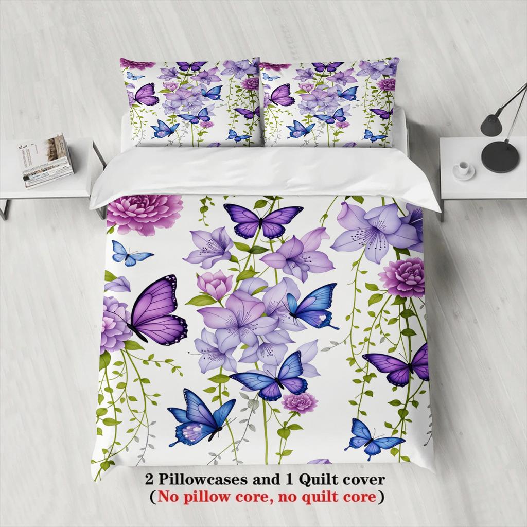 Floral Butterfly Print Bedding Set Purple And Blue Flowers With Butterflies Bedding With Duvet Cover & Pillowcases For Bedroom