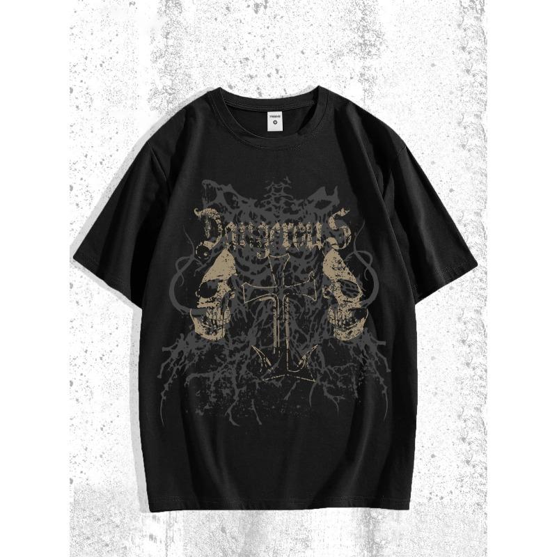 European Size Gothic Skull Pattern Printed Men's Round Neck Short Sleeve T-Shirt, Summer Comfortable Versatile Top,