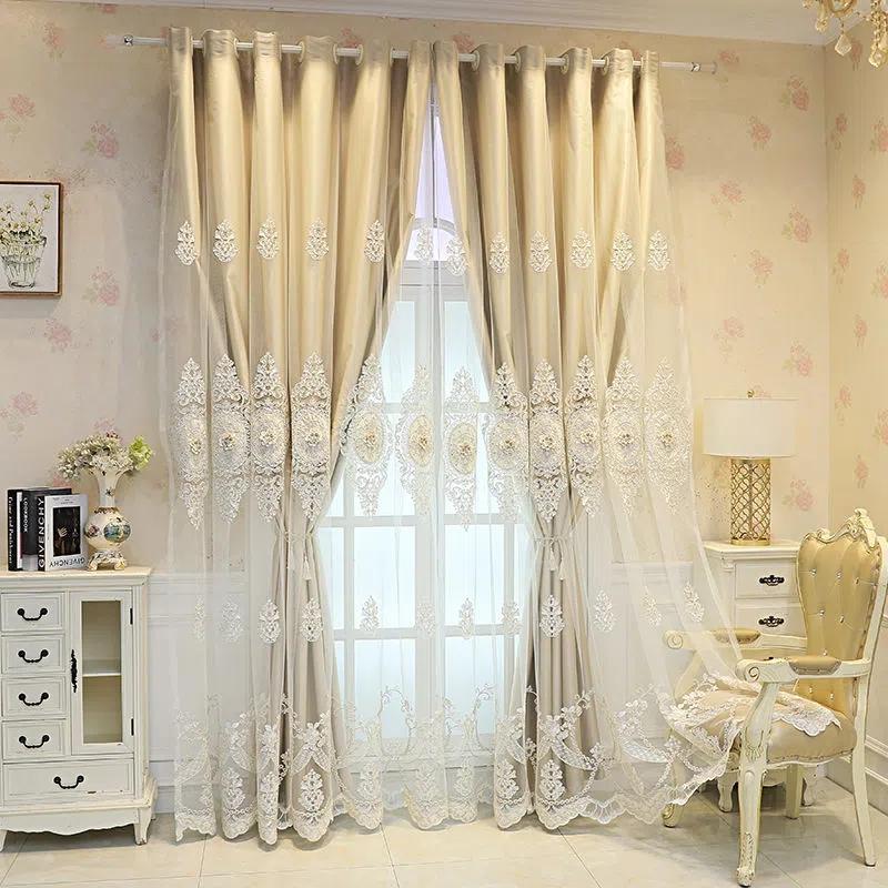 

2 шт., полностью затемняющие европейские двойные шторы, ткань + готовая пряжа, шторы для гостиной, спальни, шторы с тиснением и вышивкой W170*H270cm*2pcs бежевый